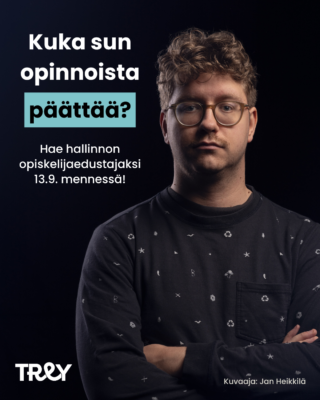 Hallinnon opiskelijaedustajien haun mainos. Haku on auki 13.9. asti.