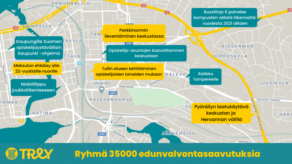 Ryhmä 35000 edunvalvontasaavutuksia Tampereen kartalla. Saavutuksiin lukeutuvat seuraavat: kaupungille Suomen opiskelijaystävällisin kaupunki -ohjelma, maksuton ehkäisy alle 22-vuotiaille nuorille, mobiililippu joukkoliikenteeseen, parkkinormin lieventäminen keskustassa, opiskelija-asuntojen kaavoittaminen keskustaan, Tullin alueen kehittäminen opiskelijoiden toiveiden mukaan, bussilinja 6 kampusten välillä, ratikka Tampereelle ja pyöräilyn laatukäytävä keskustan ja Hervannan välille.