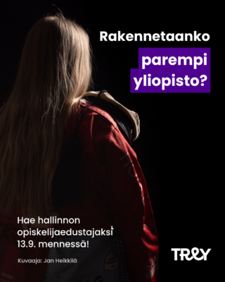 Hallinnon opiskelijaedustajien haun mainos. Haku on auki 13.9. asti.