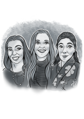 Caricature drawing about the Good Teacher award recipients of 2023. In the picture from left to right Heli Skottman, Krista Willman and Naoko Miyamoto-Maunu