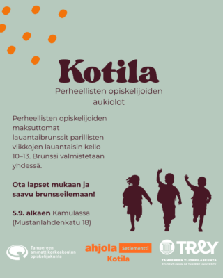 Kotilan perheellisten opiskelijoiden maksuttomien lauantaibrunssien mainos.