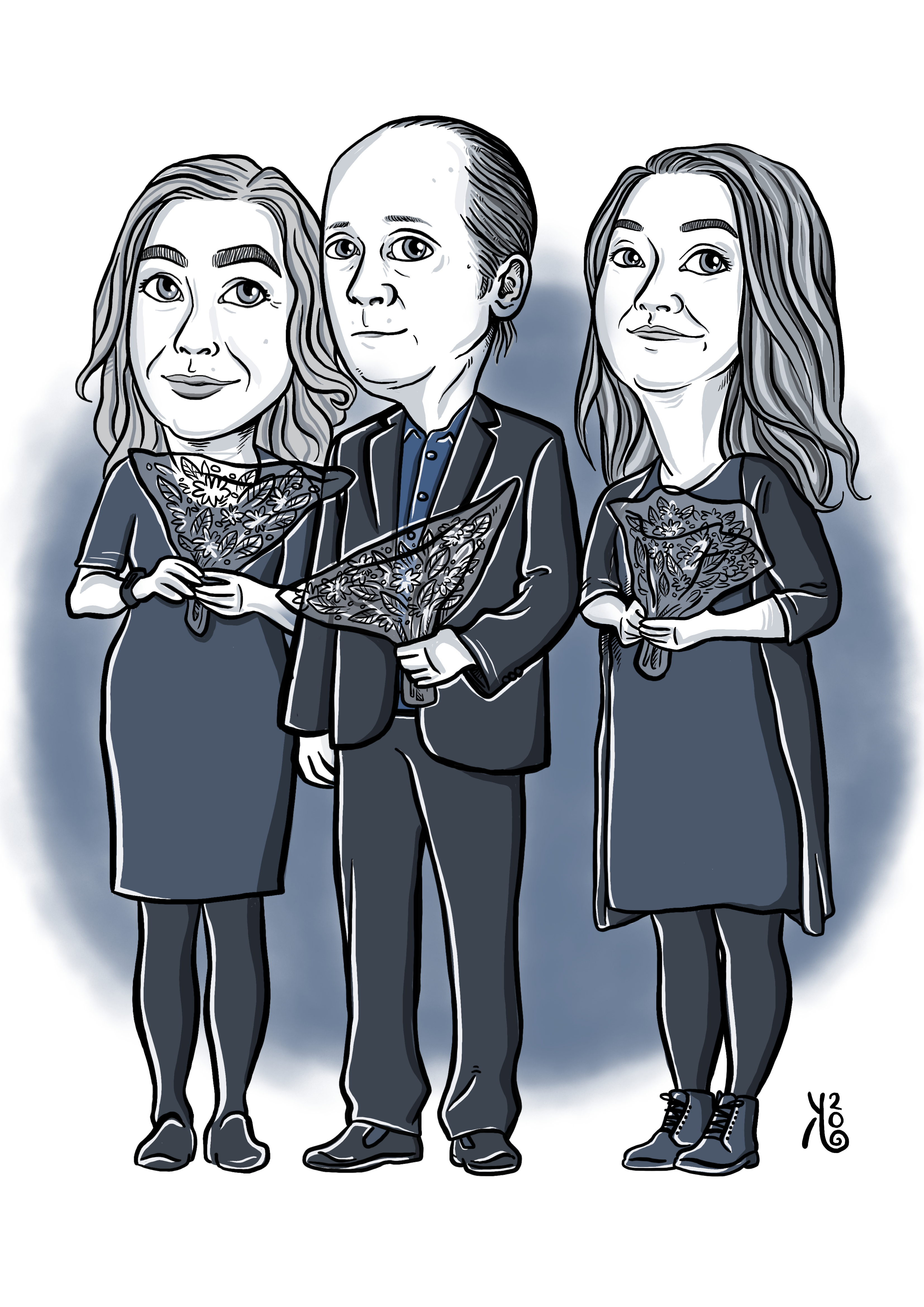 Caricature drawing about the Good teacher 2020 award recipients. From left to right Kirsi Granberg, Hasse Nylund and Maiju Paananen