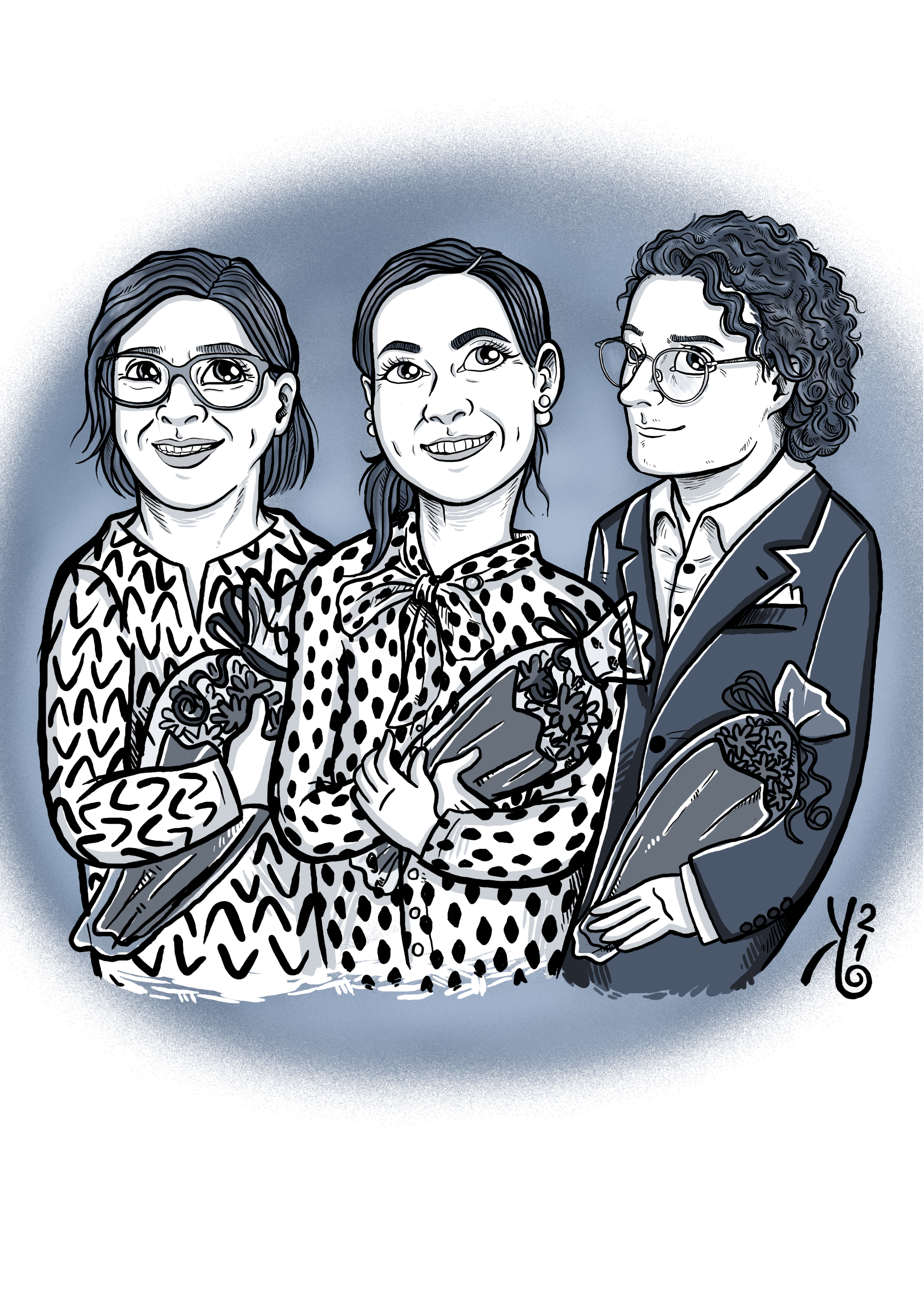 Karikatyyripiirros TREYn Hyvä opettaja -palkinnon saajista vuonna 2021. Alkaen vasemmalta Anneli Yliherva, Liisa Mustanoja ja Veli-Pekka Pyrhönen