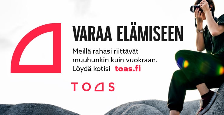 TOASin logo tekstillä varaa elämiseen, meillä rahasi riittävät muuhunkin kuin vuokraan, löydä kotisi toas.fi