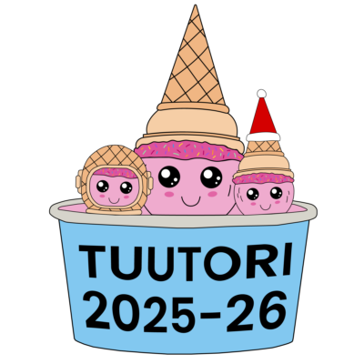 Havainnekuva lukuvuoden 2025-26 tuutorimerkeistä. Tuutorimerkkejä on kolme. Keskellä on kaikille tuutoreille jaettava merkki, jossa on tuutoroinnin maskotti Tuutti jäätelökupissa. Kuppiin sijoitetaan vasempaan reunaan tuutorien tapahtumasta Tuuttiksista saatu avaruuskypärässä oleva Tuutti ja oikeaan reunaan Tuutorien puurojuhlasta saatu tonttulakissa oleva Tuutti.